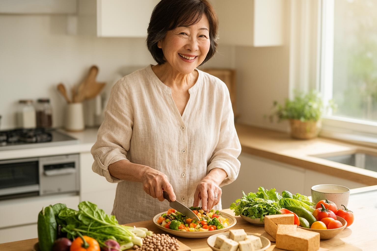 50代女性が新鮮な野菜で植物性の料理を作る明るいキッチン