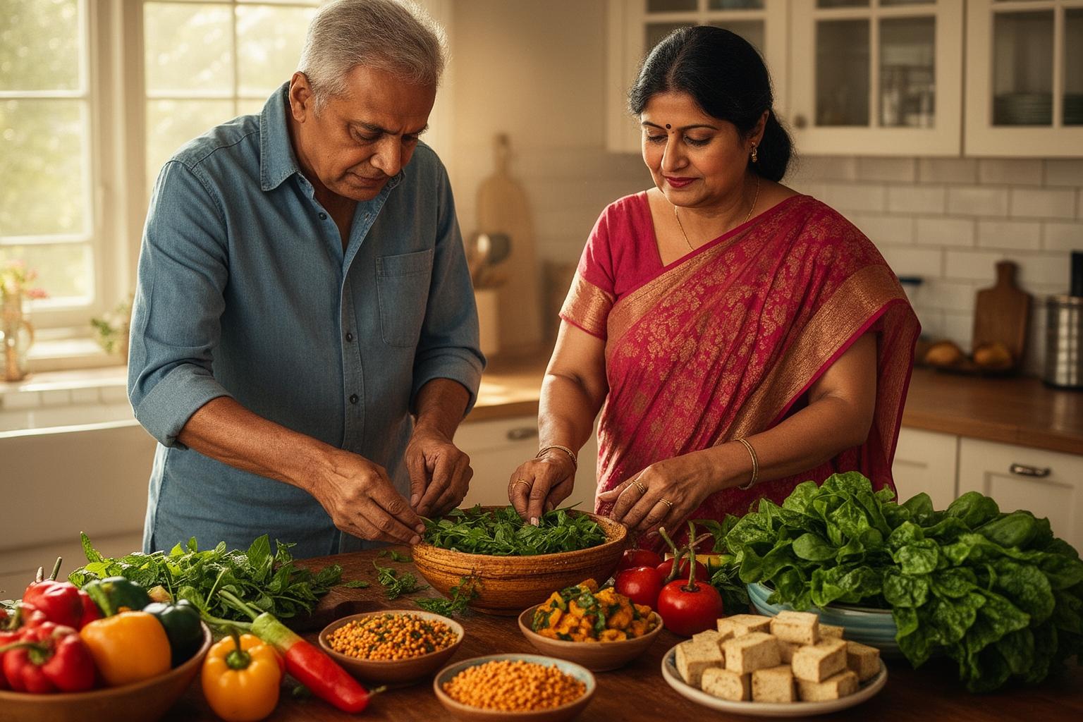 ৫০+ দক্ষিণ এশীয় দম্পতি একসাথে উদ্ভিদ-ভিত্তিক খাবার রান্না করছেন