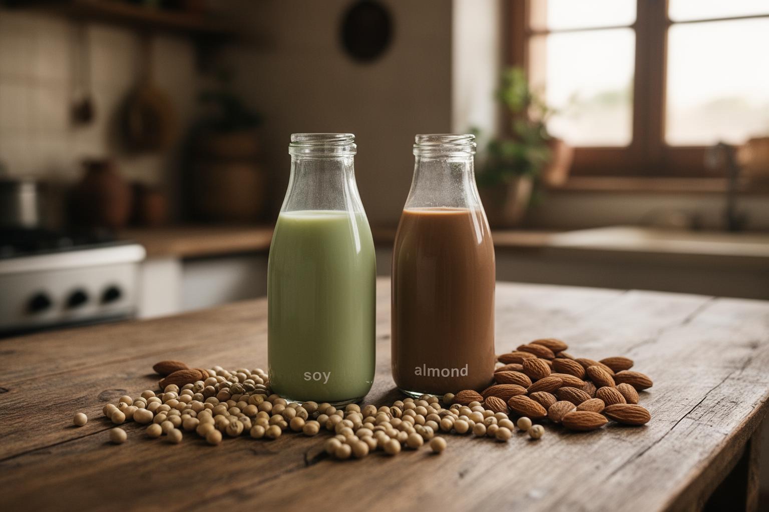 Botellas de leche de soja y de almendras en mesa rústica con frutos secos