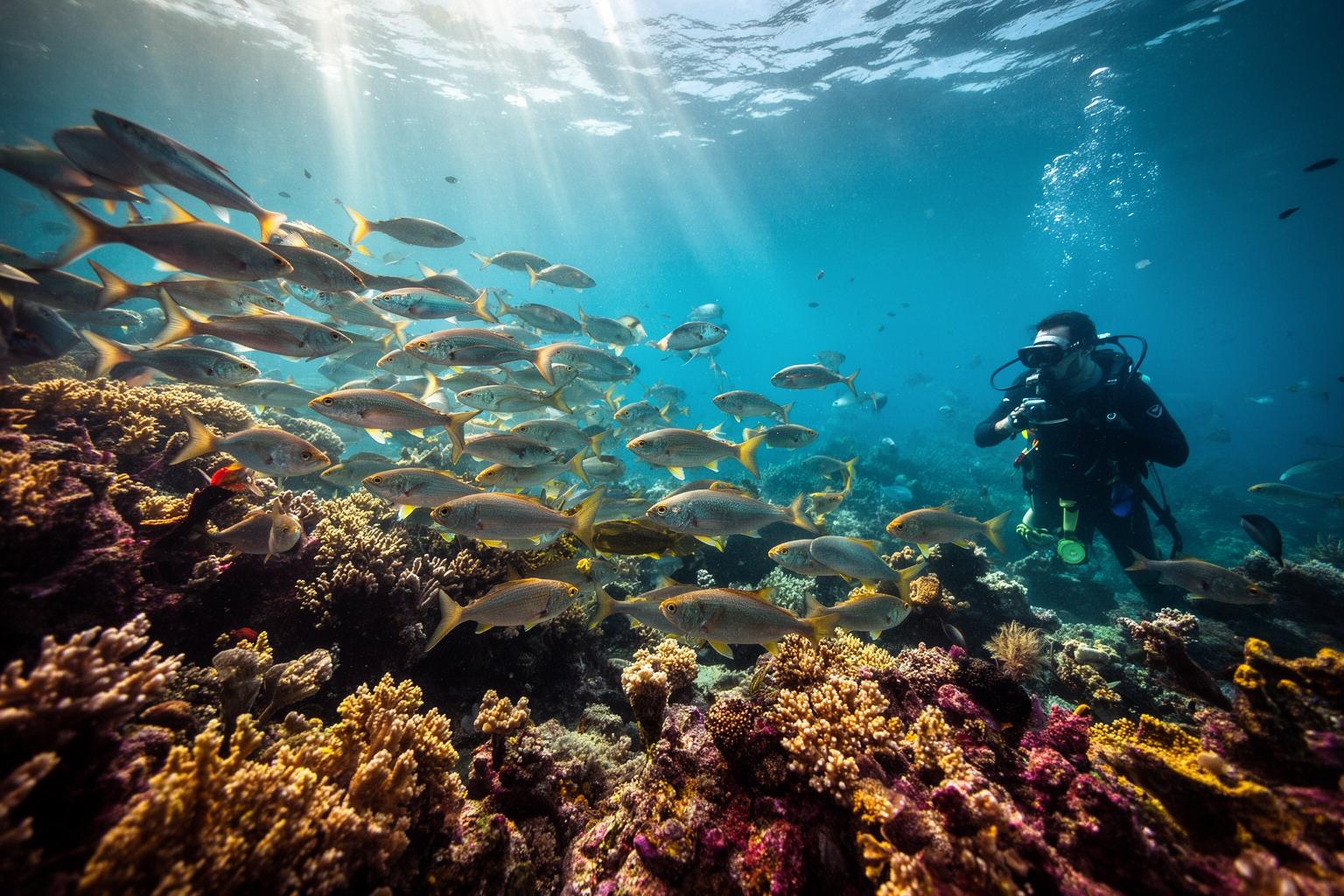 Diver observing vibrant coral reef with fish, sunlight rays.