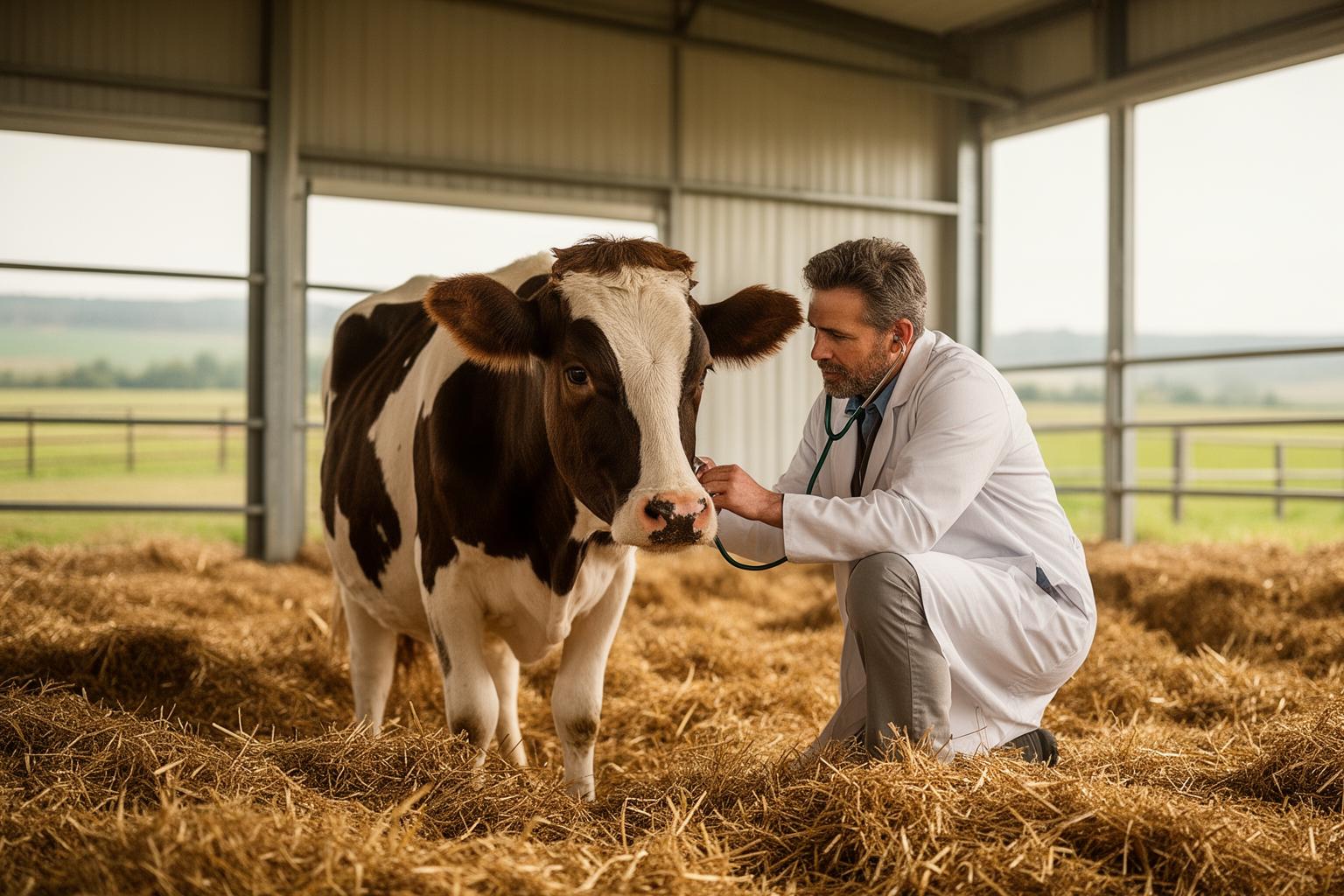 Veterinário cuidando de vaca em estábulo moderno com feno, transmitindo bem-estar animal.