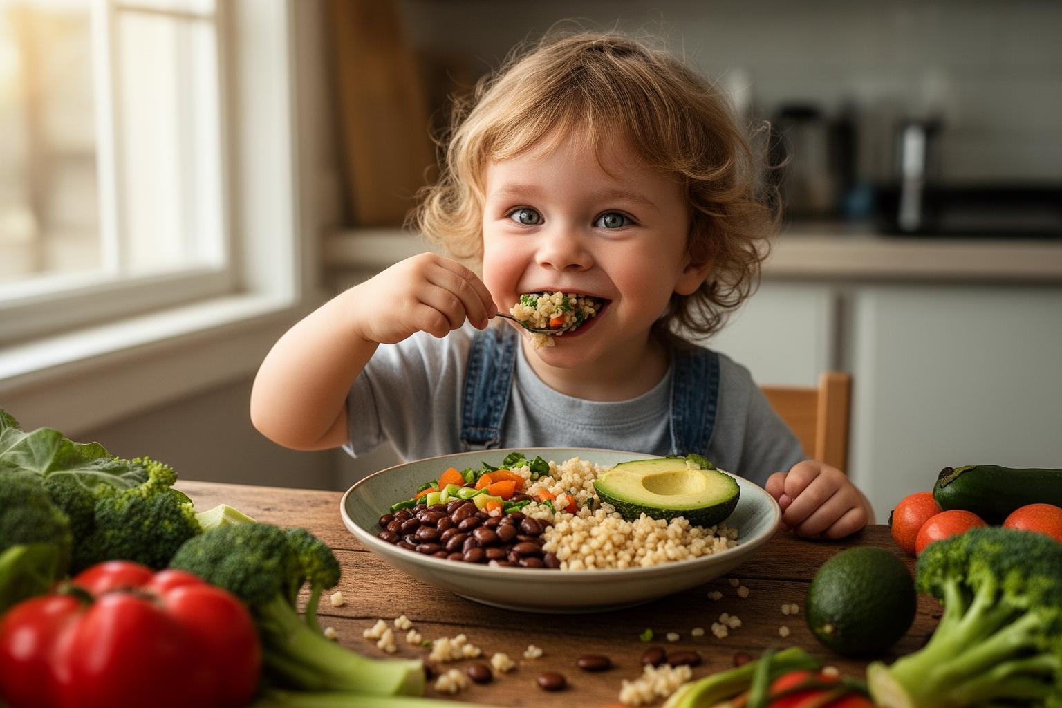 Criança feliz a comer refeição vegana colorida em casa