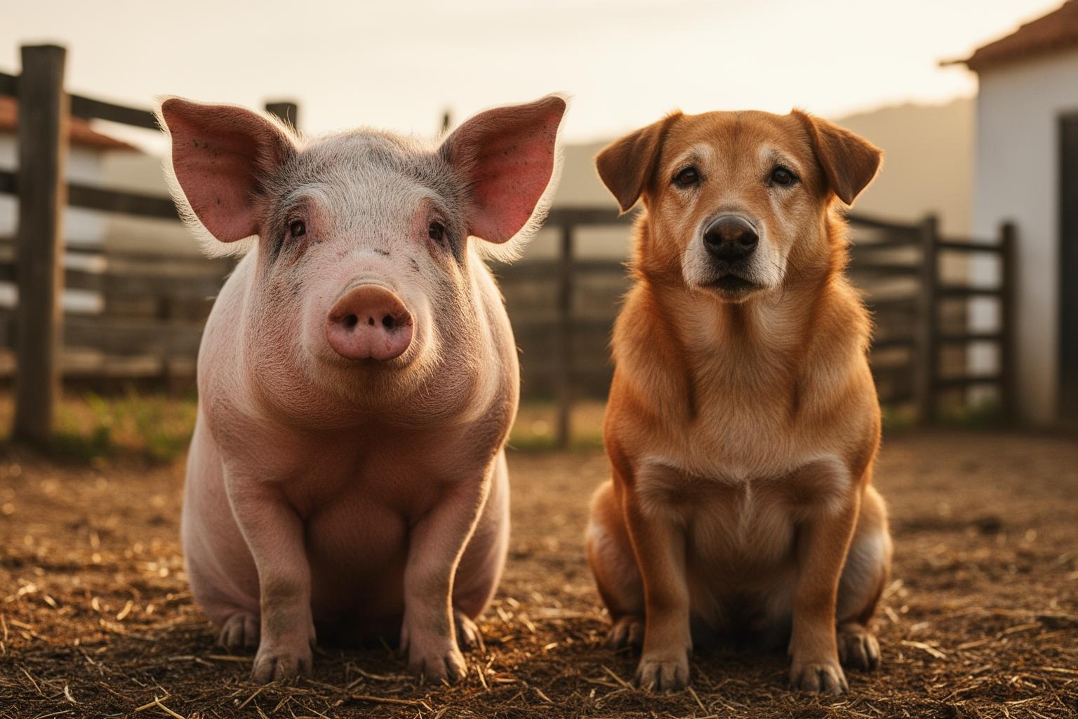 Porco e cão lado a lado num quintal, simbolizando igualdade entre espécies