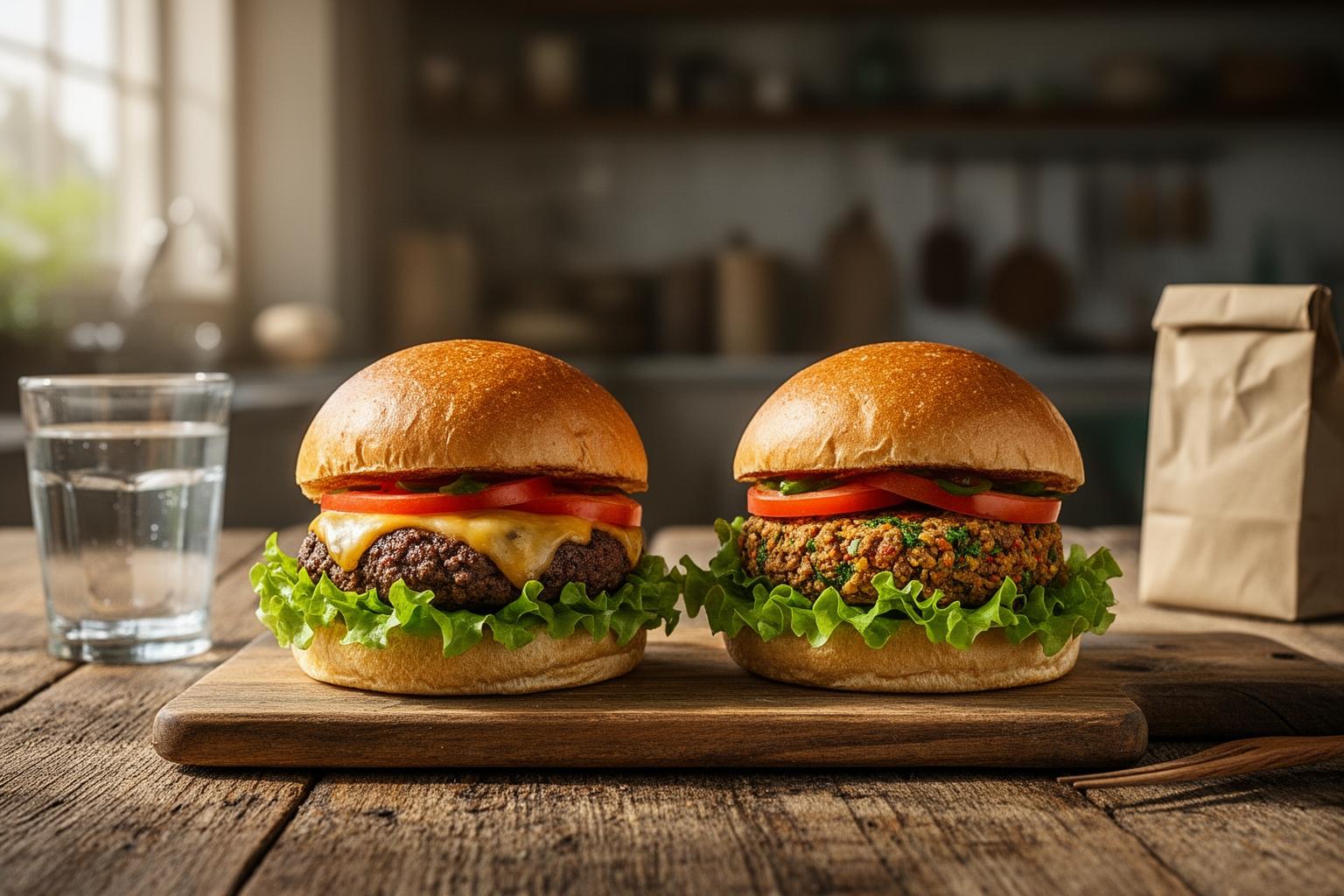 Gourmet beef and plant-based burgers on wooden table with fresh ingredients