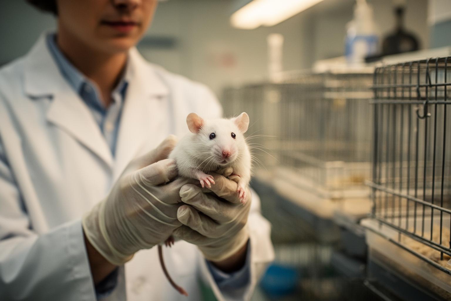 Chercheur en blouse blanche tenant une souris blanche avec précaution dans un laboratoire moderne.
