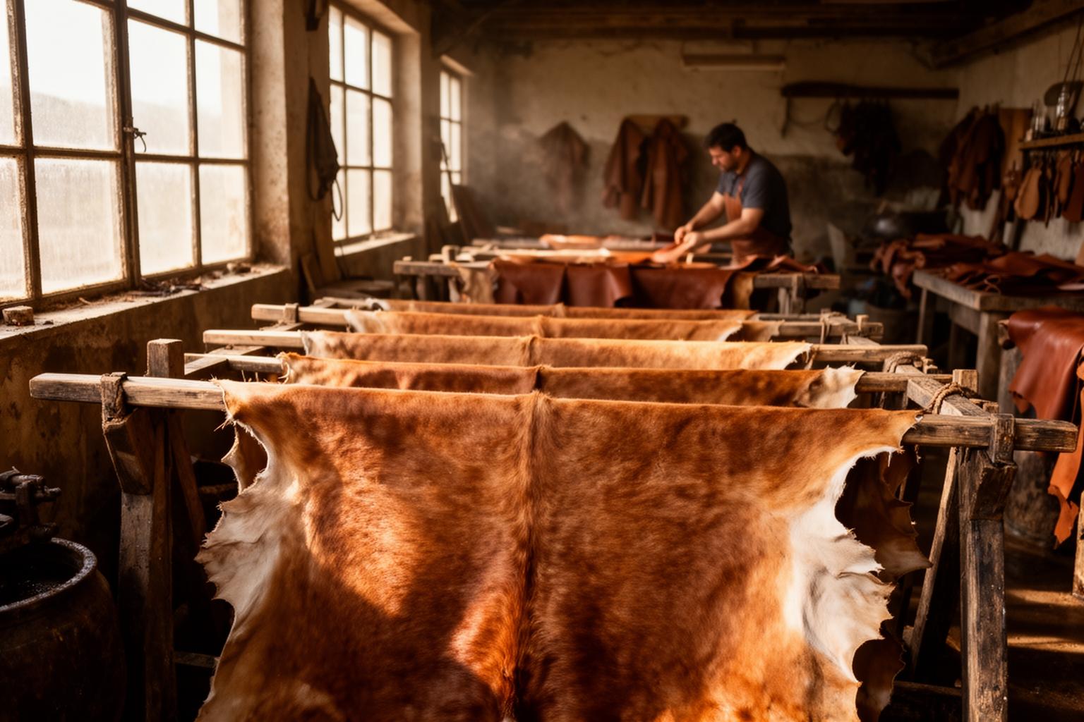 Raw cattle hides on tannery racks in warm light