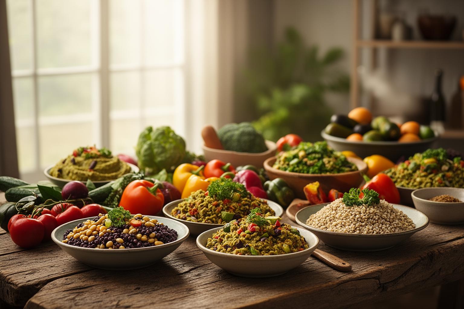 طاولة غنية بالأطباق النباتية الصرفة الملونة في ضوء طبيعي