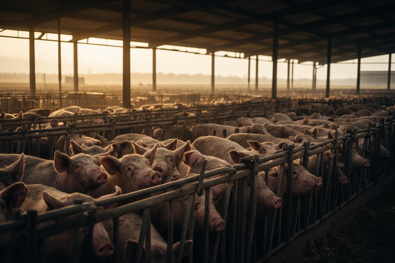 Vista aérea de uma instalação industrial de pecuária com animais confinados.