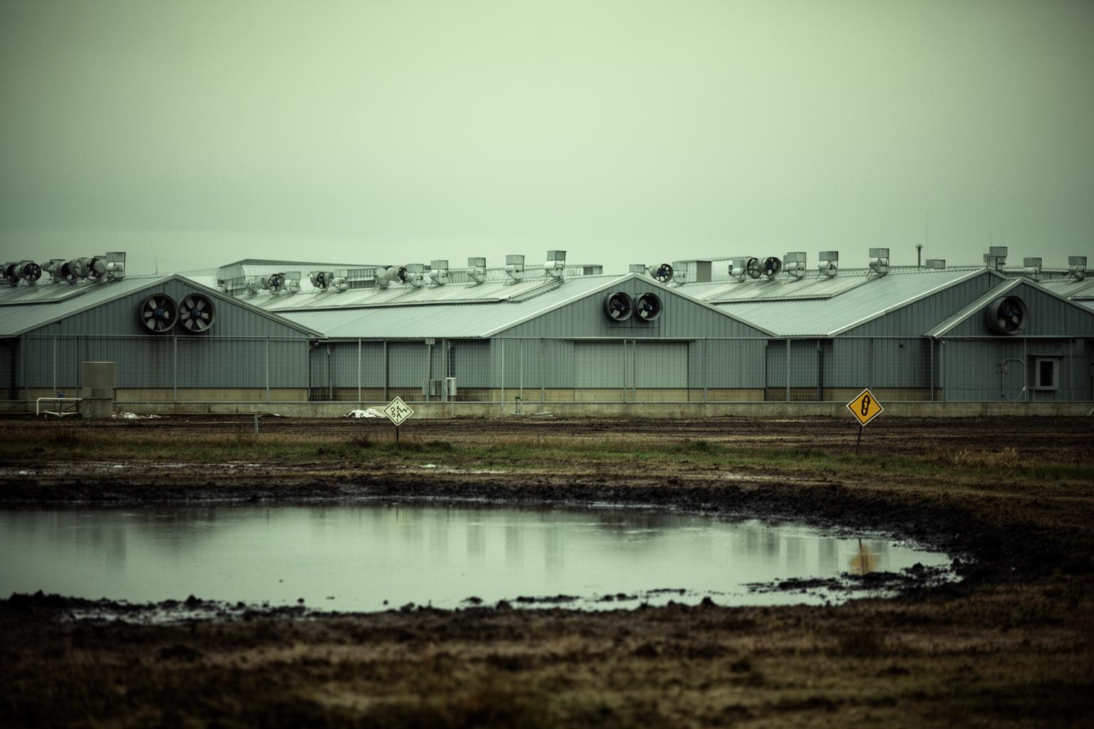 Aerial view of a concentrated animal feeding operation with barns and a manure lagoon.