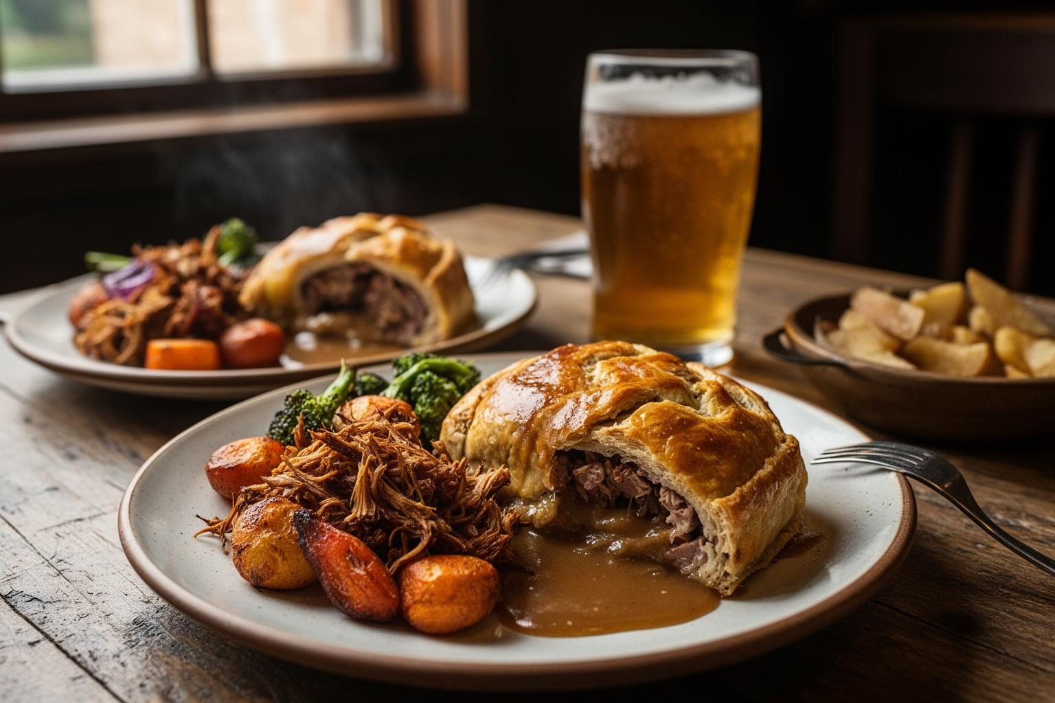 Mesa com banquete vegano em pub britânico, luz quente e acolhedora