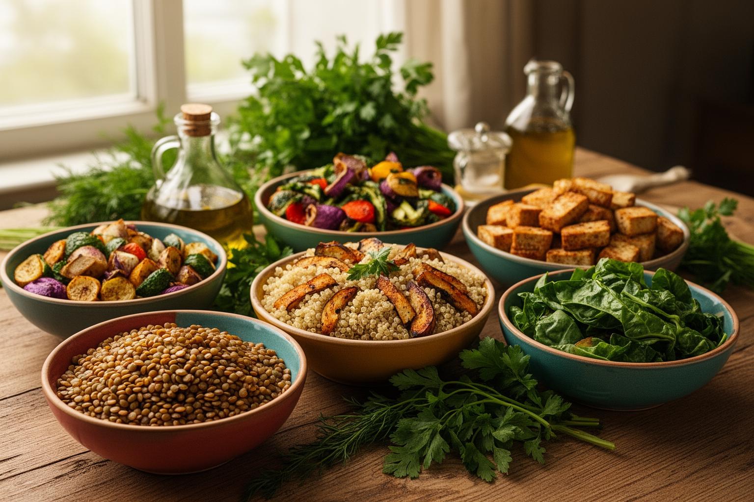 Table de préparation de repas végétaliens colorés et variés