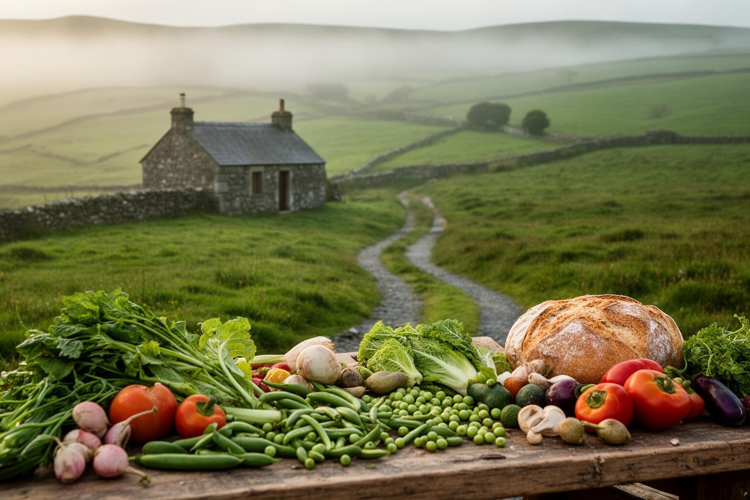 Paisagem irlandesa verde com mesa de piquenique cheia de vegetais frescos e pão