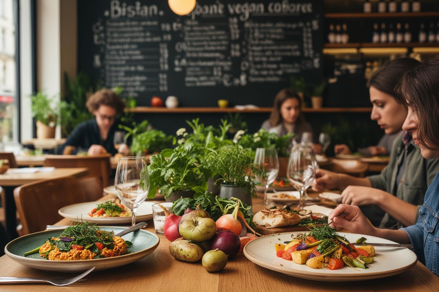 Interior acogedor de un restaurante vegano moderno en París.
