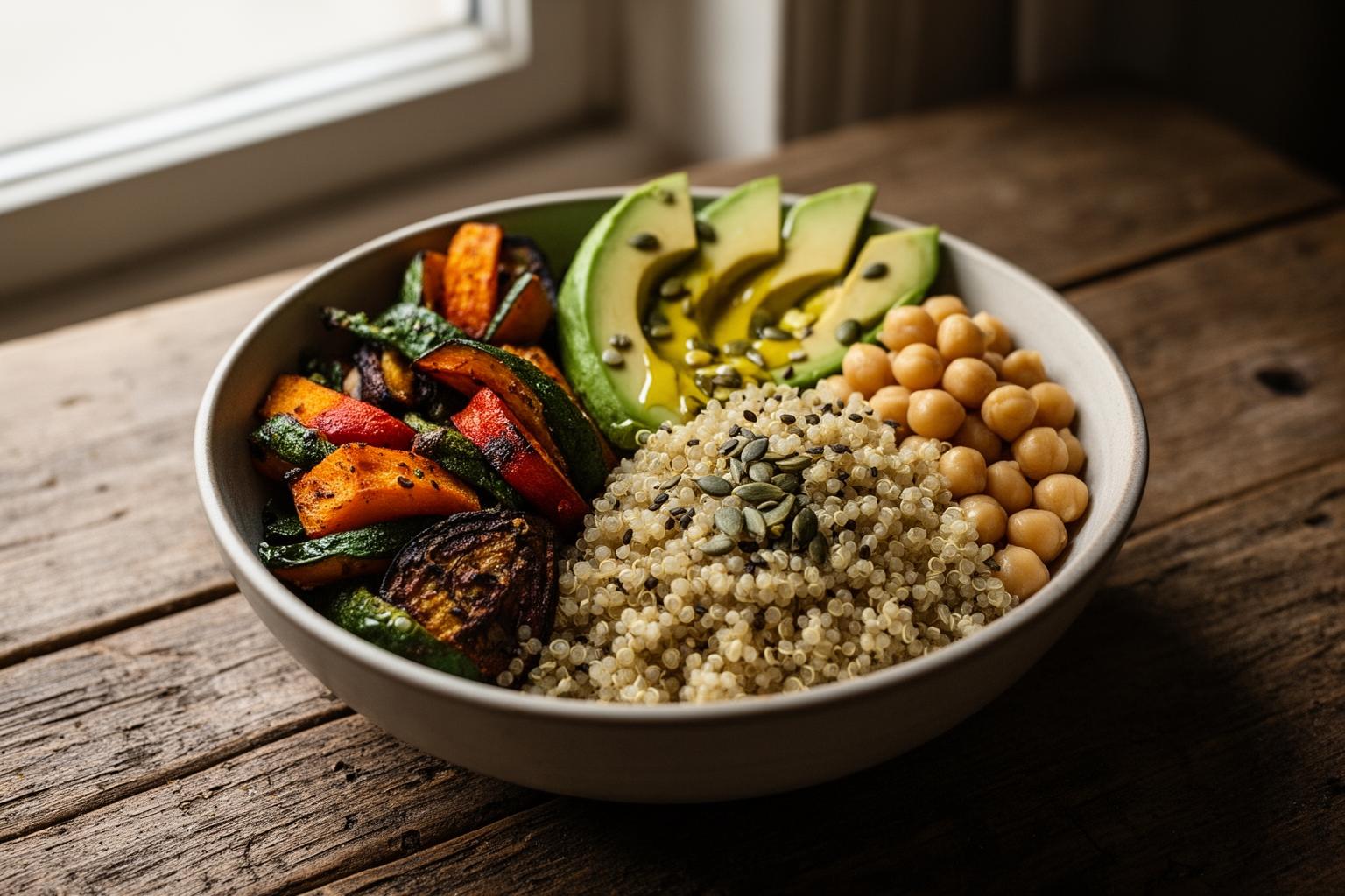 Plato vegano equilibrado con verduras, quinoa y garbanzos en mesa de madera