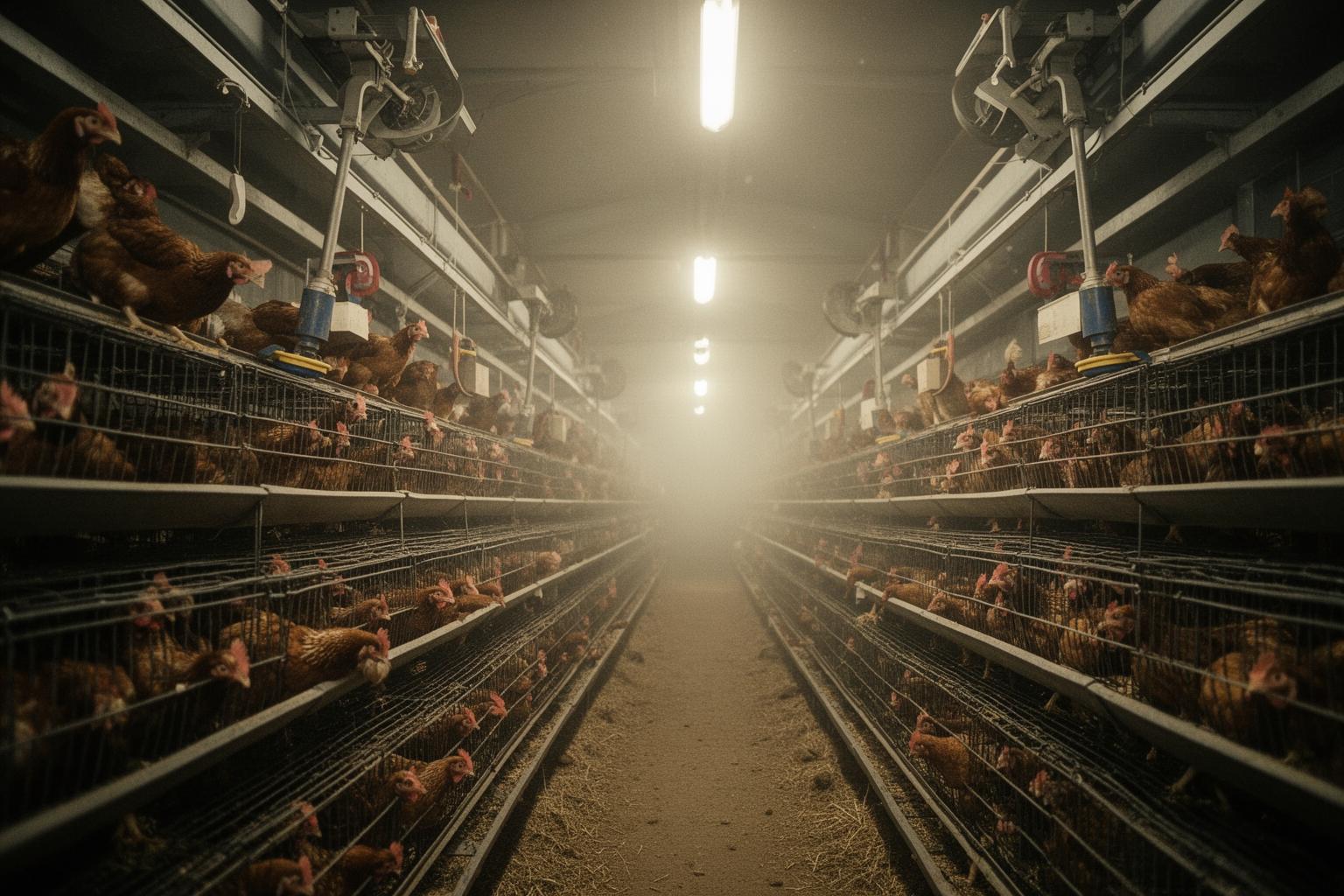 Rows of battery cages with hens inside a dim factory farm facility.
