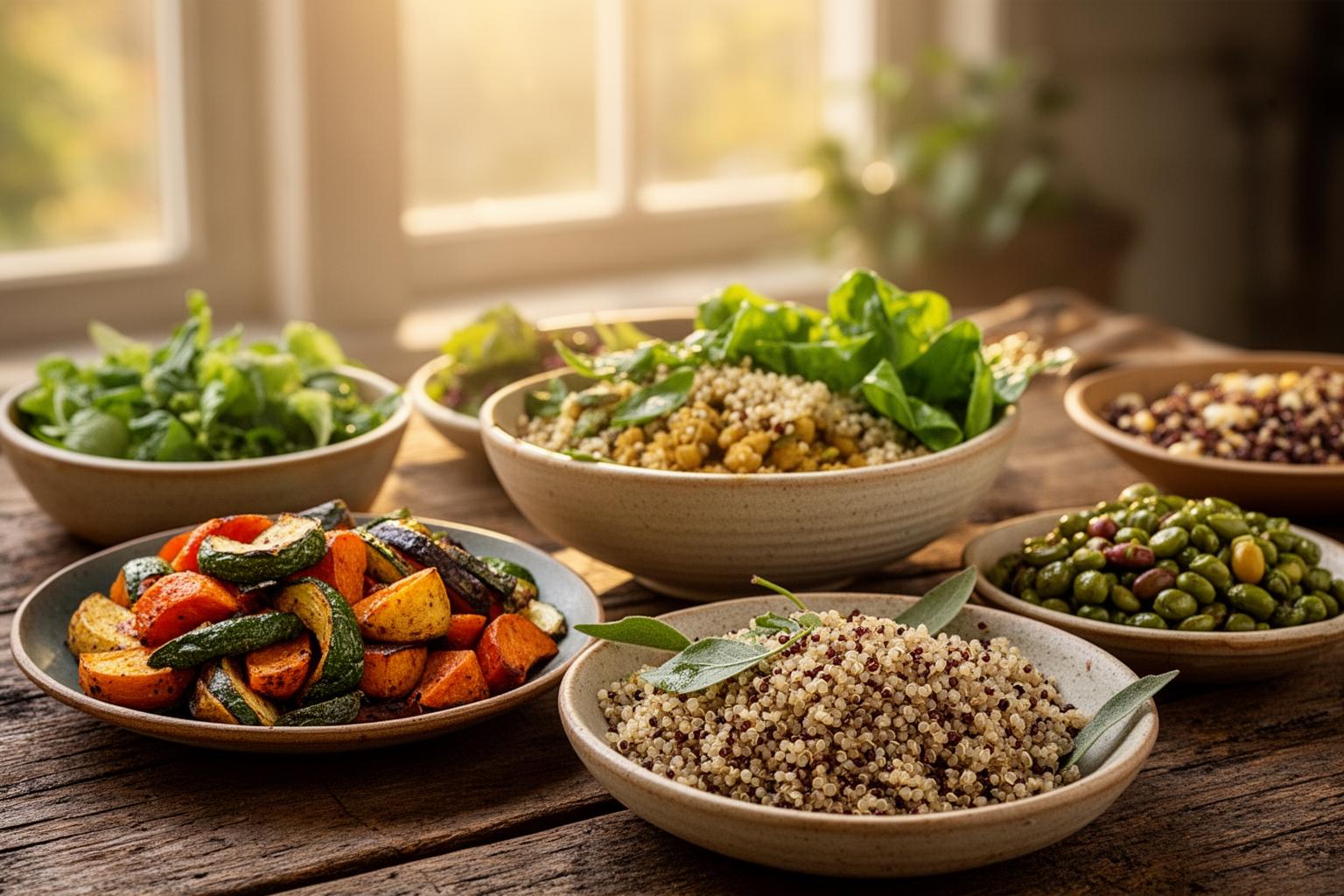 Vibrant vegan meal on rustic table with roasted vegetables and grains