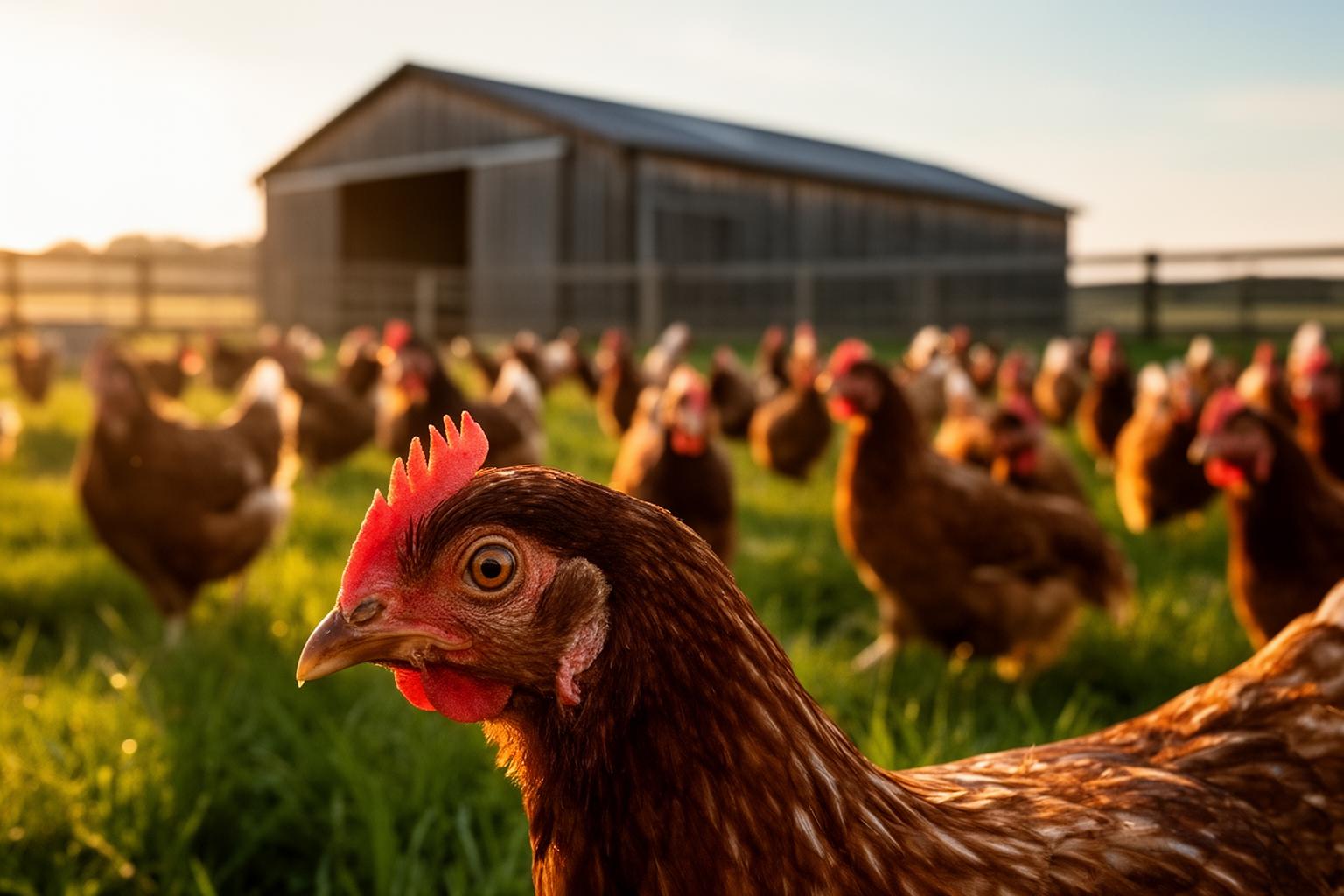 Free-range hens on green pasture near a barn at sunset