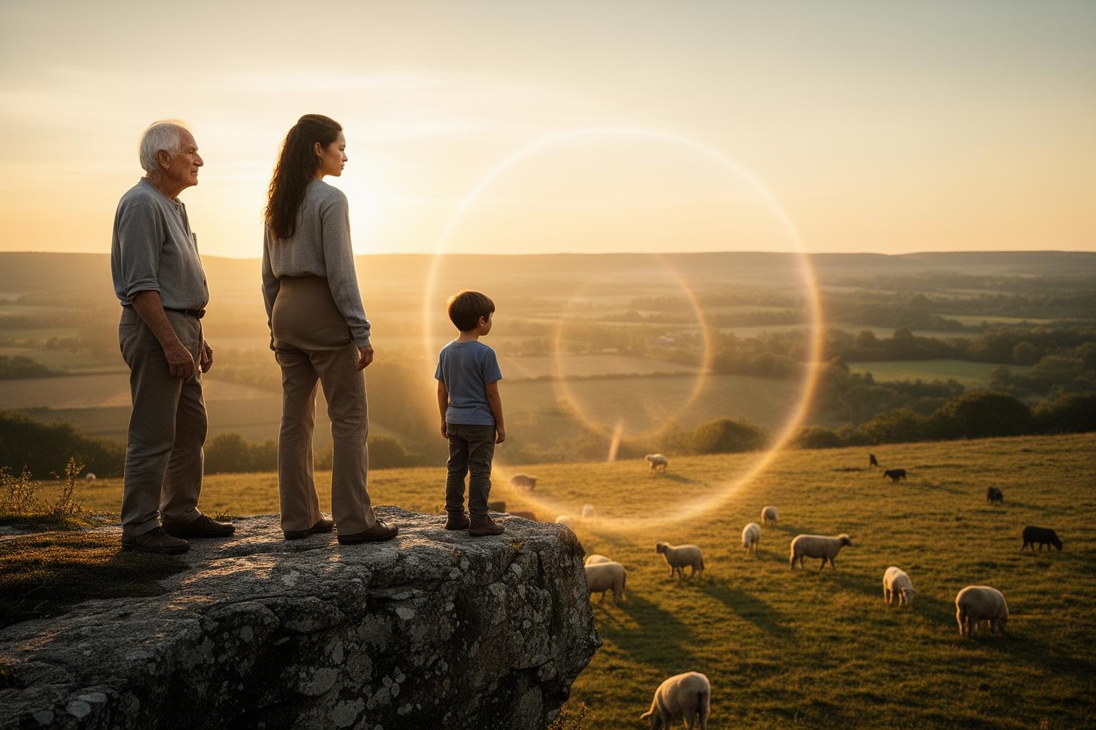 People on a cliff casting a warm circle of light over animals in a valley below