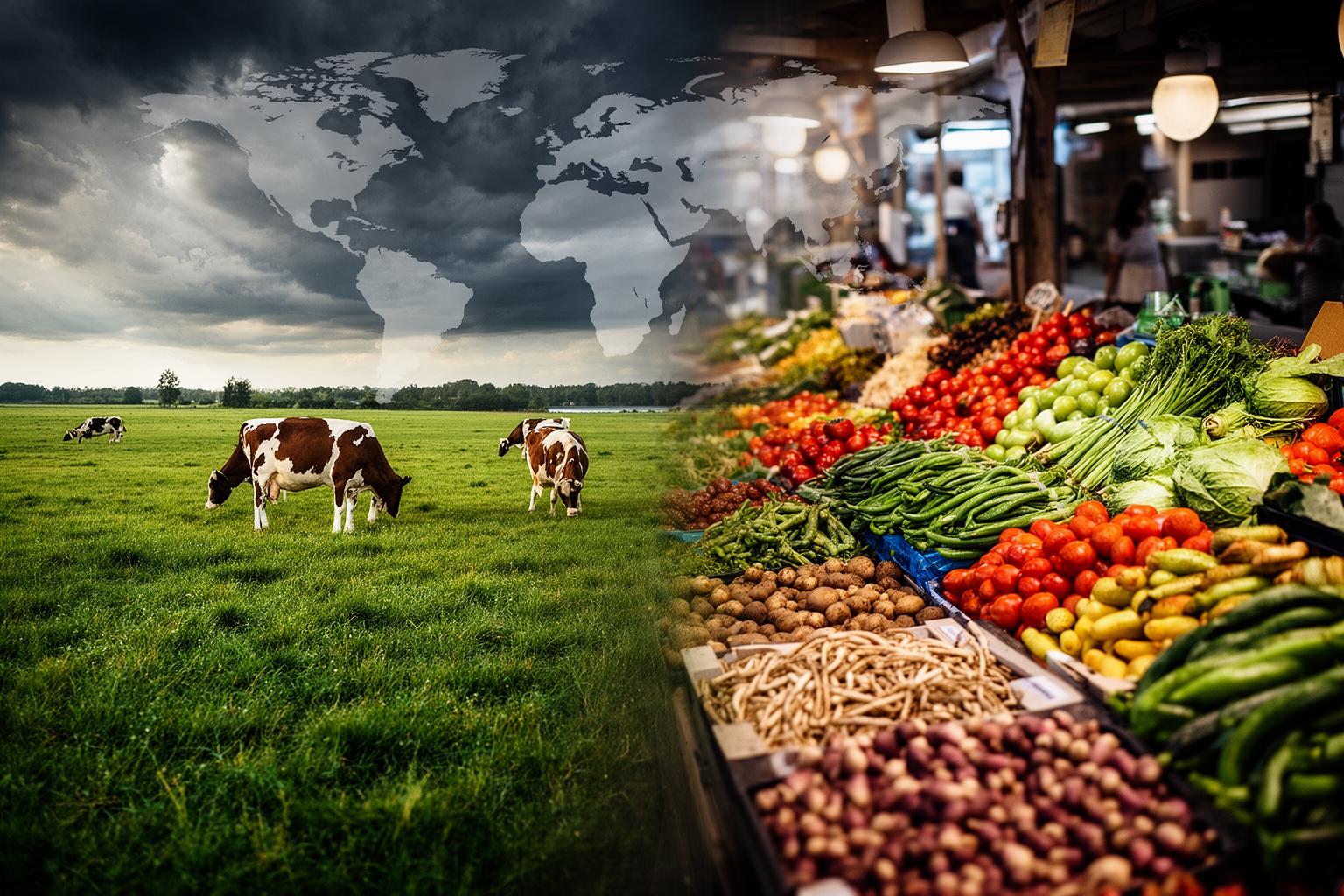 Comparação visual entre pasto de gado e vegetais importados