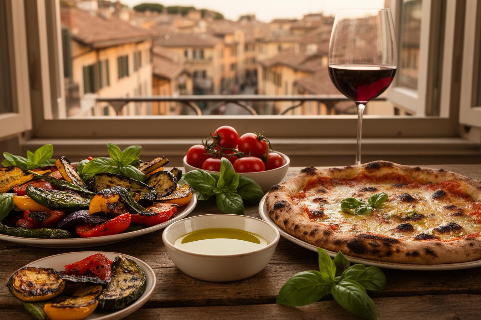 Vibrant vegan Italian feast with grilled vegetables and pizza