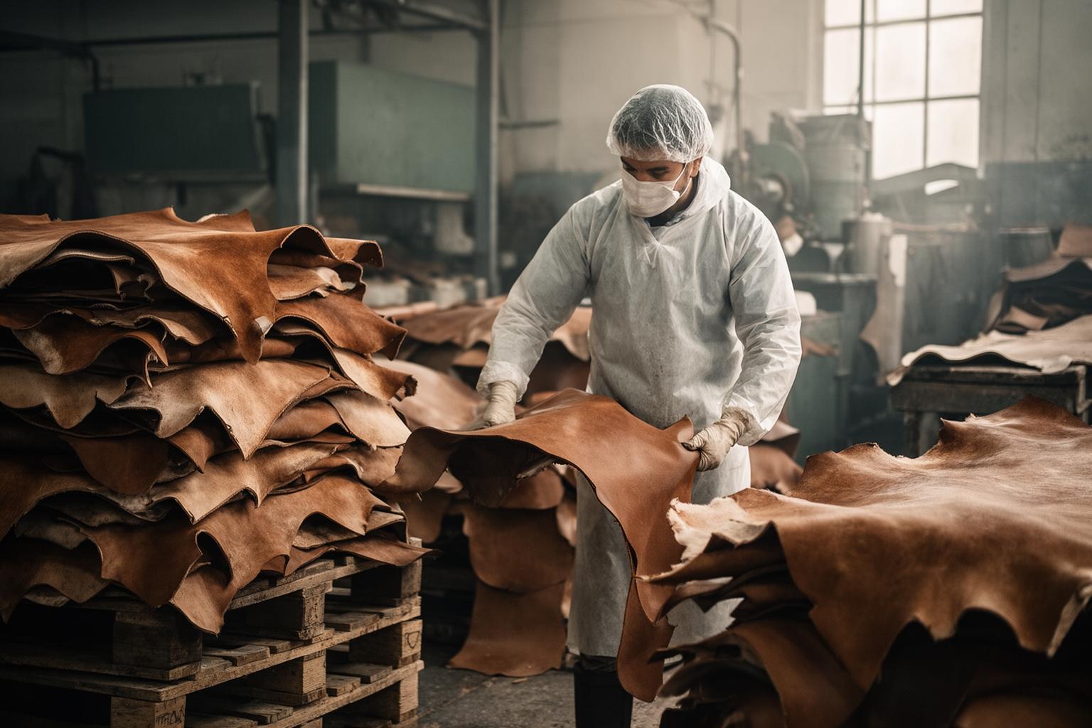 Tannerie moderne avec des peaux de bovins et un ouvrier