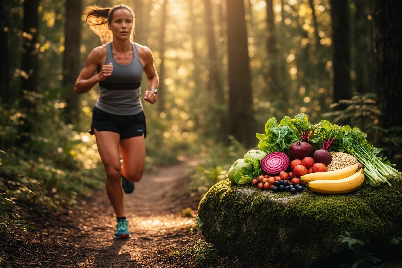 Trail runner with fresh plant foods arranged nearby in golden light
