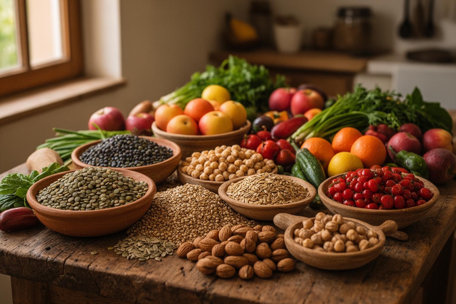 Mesa española con alimentos vegetales integrales variados y coloridos
