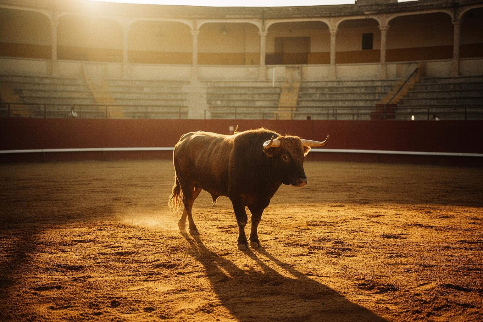 Praça de touros vazia ao pôr do sol com touro solitário