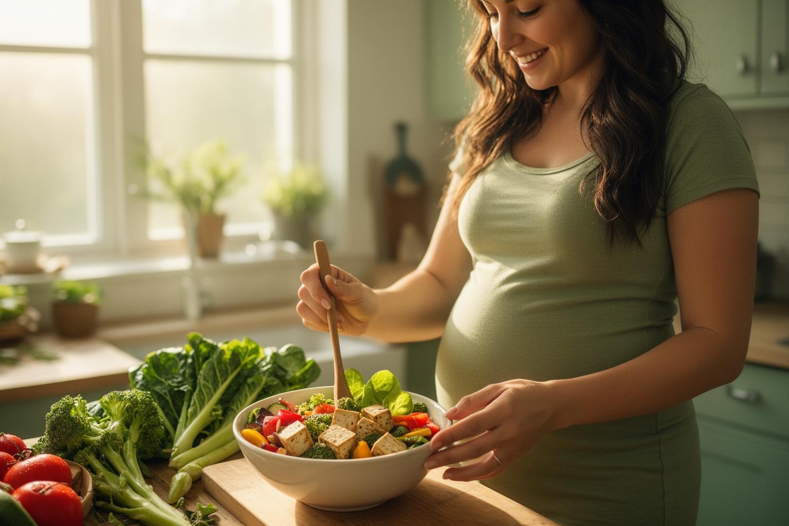 Schwangere Frau bereitet vegane Bowls in heller Küche zu