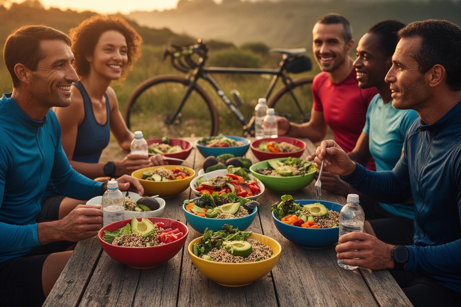 Atletas de resistência compartilhando refeição vegetal ao ar livre ao entardecer.