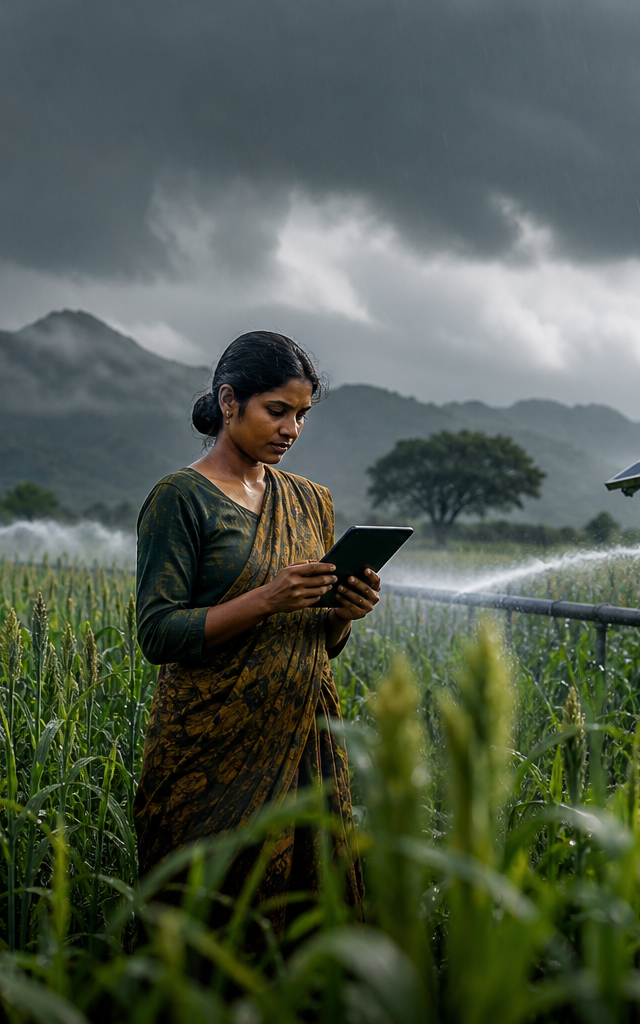 एक आधुनिक भारतीय ग्रामीण कृषि क्षेत्र जहाँ मीथेन उत्सर्जन कम करने की नीति के तहत बाजरे की खेती की जा रही है।