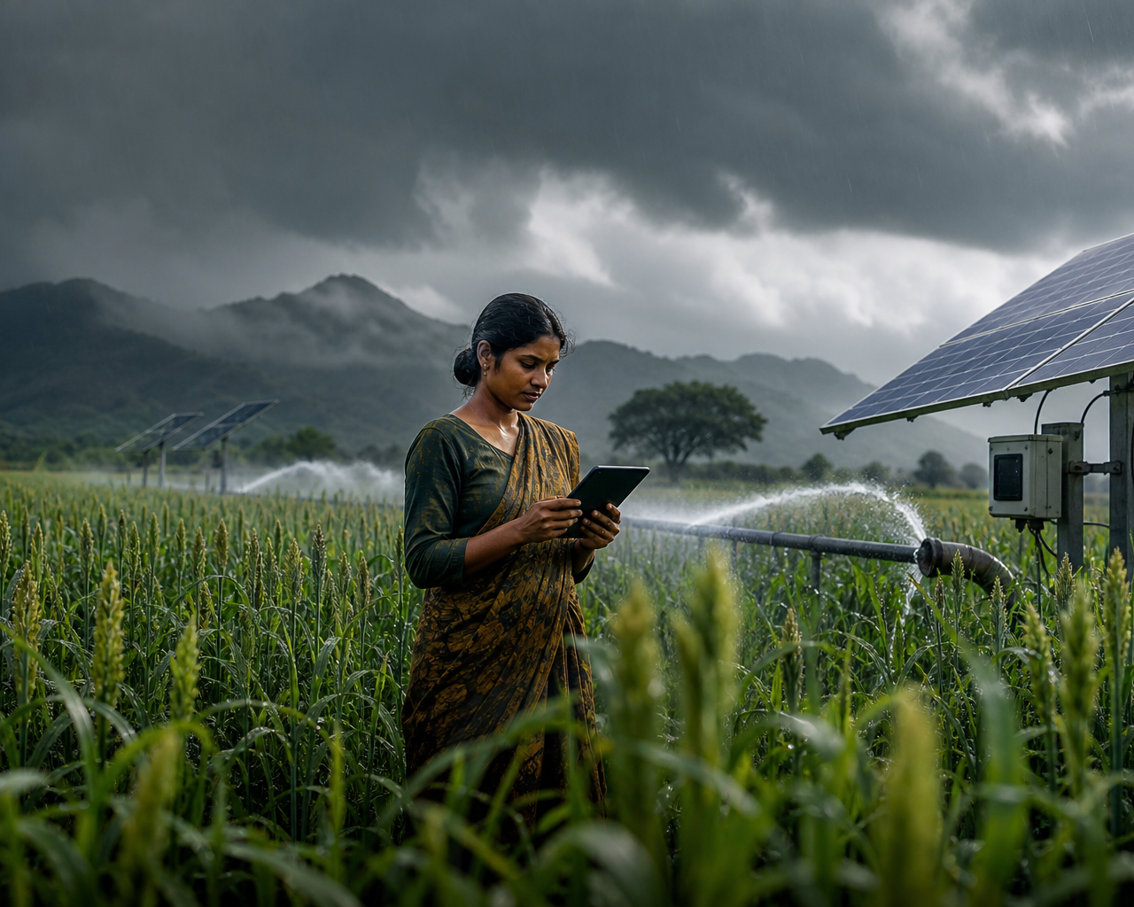 एक आधुनिक भारतीय ग्रामीण कृषि क्षेत्र जहाँ मीथेन उत्सर्जन कम करने की नीति के तहत बाजरे की खेती की जा रही है।