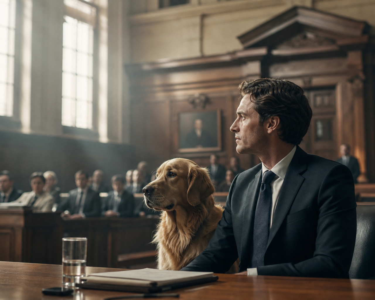 在庄严的法庭上,一只金毛猎犬坐在法律代理人身旁,象征着2026年动物权利法中的法律人格地位。