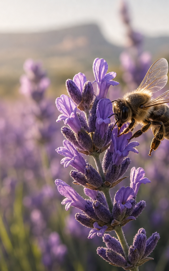 Une abeille sauvage butinant une fleur de lavande sous le soleil de Provence, illustrant la biodiversité naturelle et le pourquoi le miel n'est pas vegan.