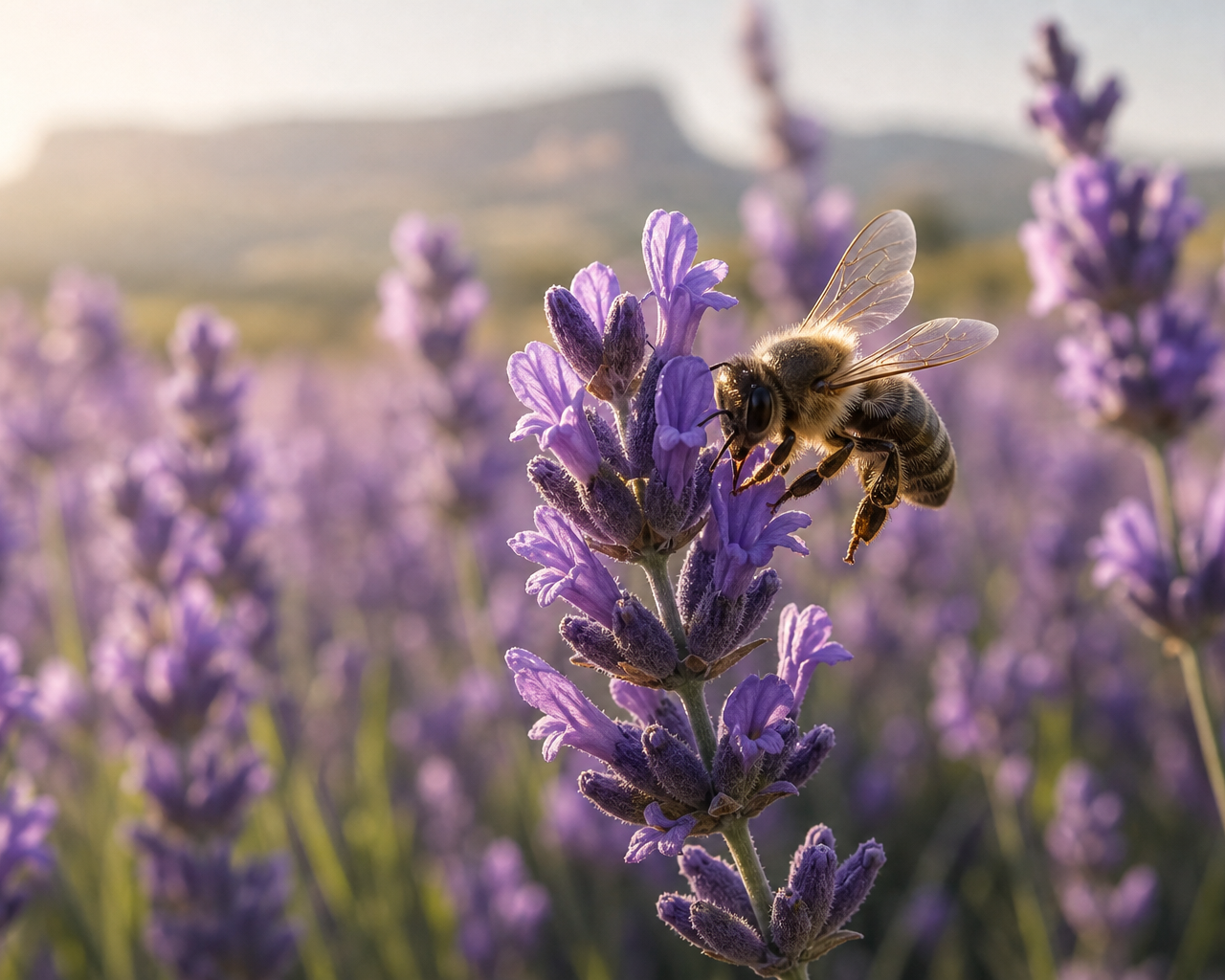 Une abeille sauvage butinant une fleur de lavande sous le soleil de Provence, illustrant la biodiversité naturelle et le pourquoi le miel n'est pas vegan.