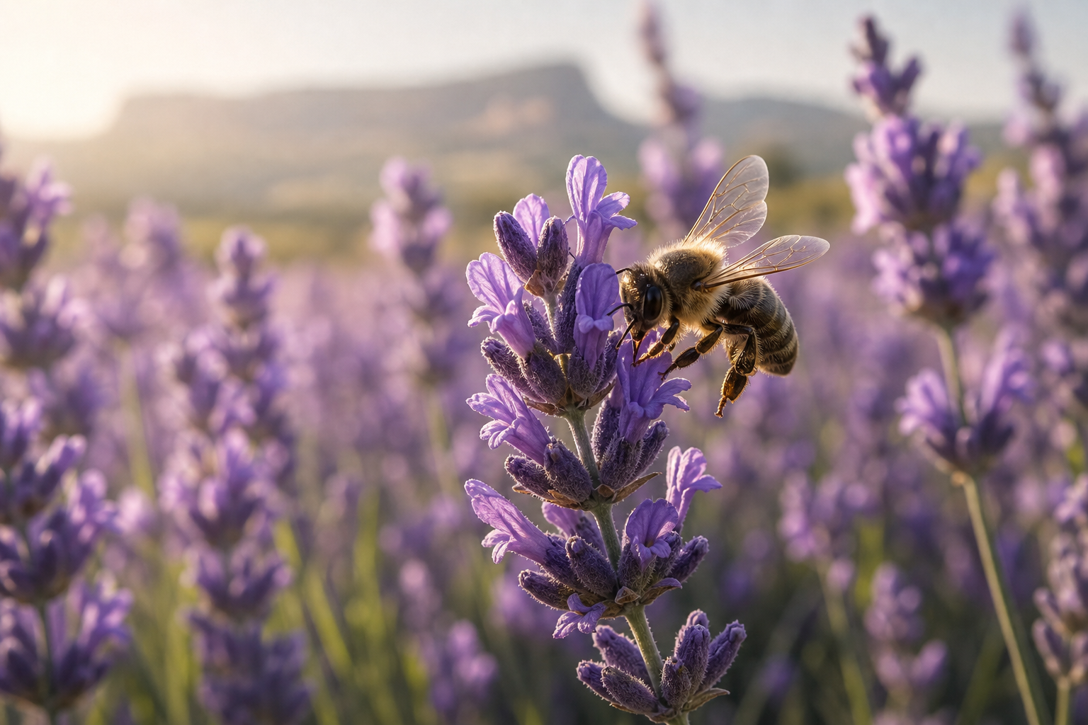 Une abeille sauvage butinant une fleur de lavande sous le soleil de Provence, illustrant la biodiversité naturelle et le pourquoi le miel n'est pas vegan.