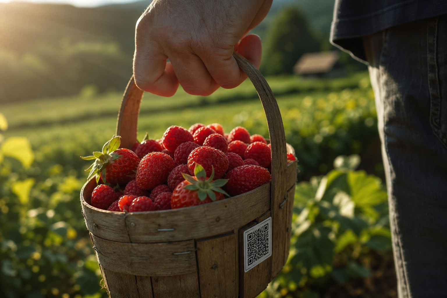 Frische Beeren in einem Holzkorb mit einem modernen QR-Code-Label für regionale Lebensmittel im Sonnenlicht.