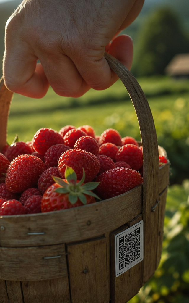Frische Beeren in einem Holzkorb mit einem modernen QR-Code-Label für regionale Lebensmittel im Sonnenlicht.
