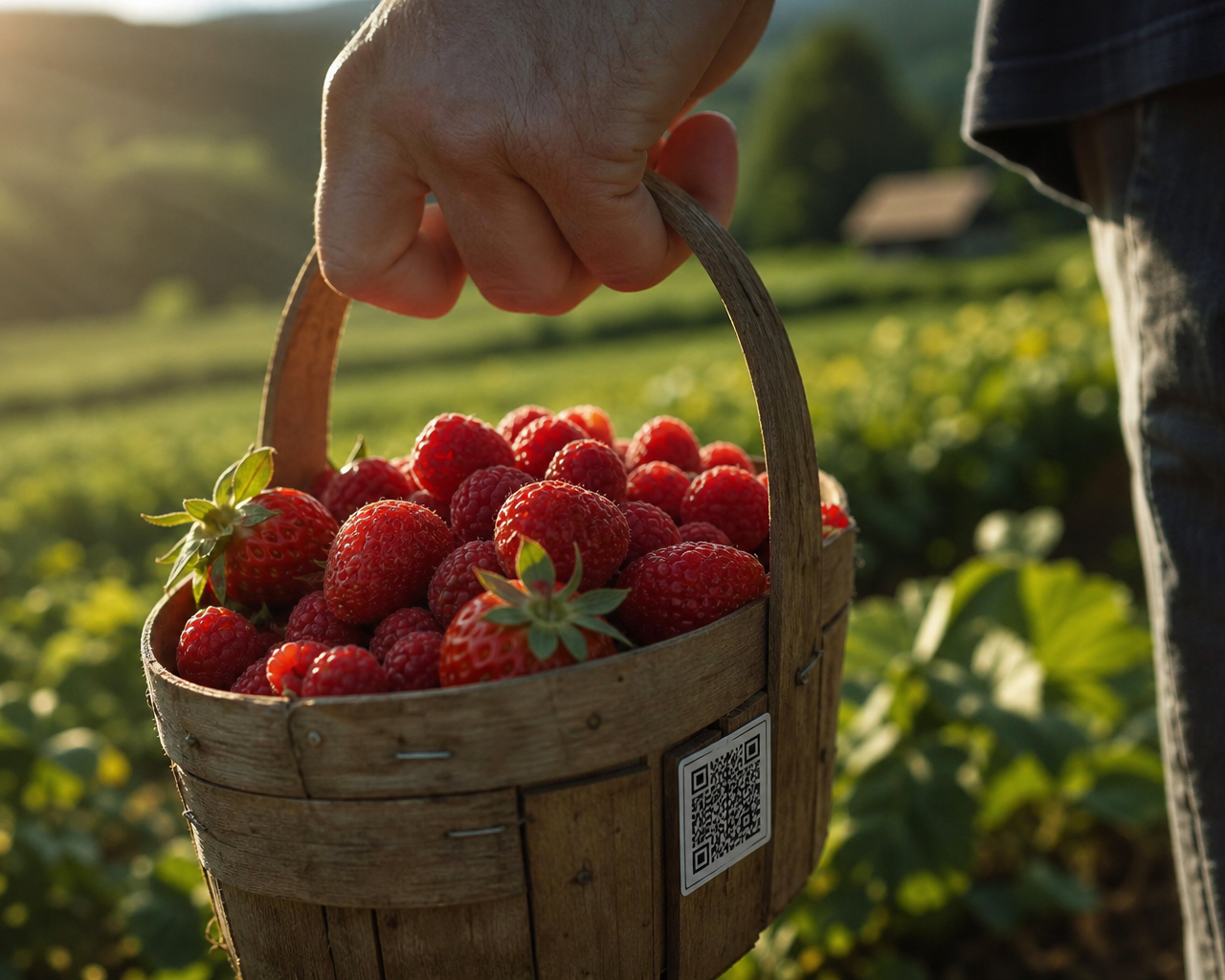 Frische Beeren in einem Holzkorb mit einem modernen QR-Code-Label für regionale Lebensmittel im Sonnenlicht.