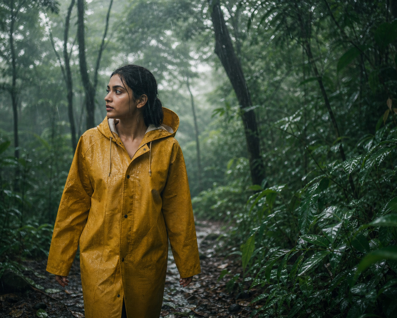 Ek vyakti barish mein ek biodegradable eco-friendly raincoat pehne huye jo paryavaran ko nuksan nahi pahuchata.