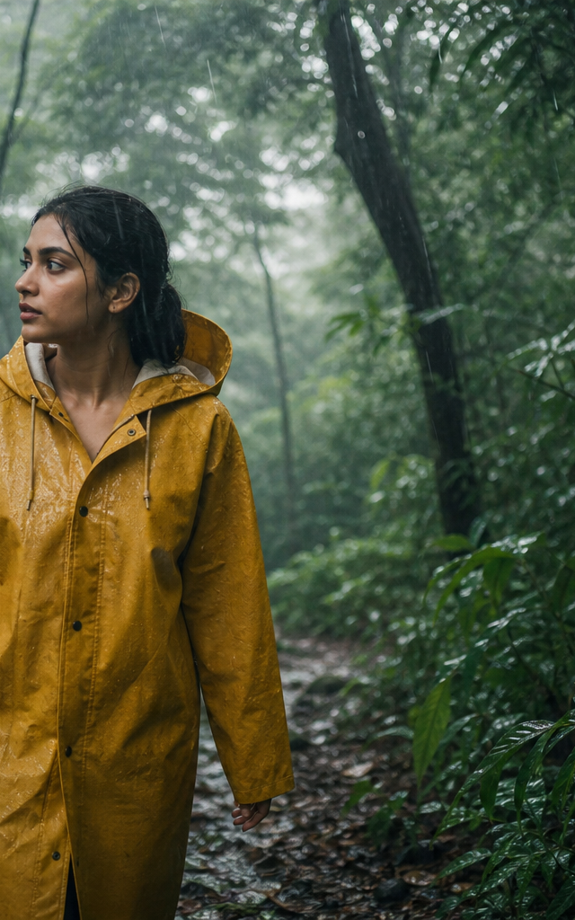 Ek vyakti barish mein ek biodegradable eco-friendly raincoat pehne huye jo paryavaran ko nuksan nahi pahuchata.