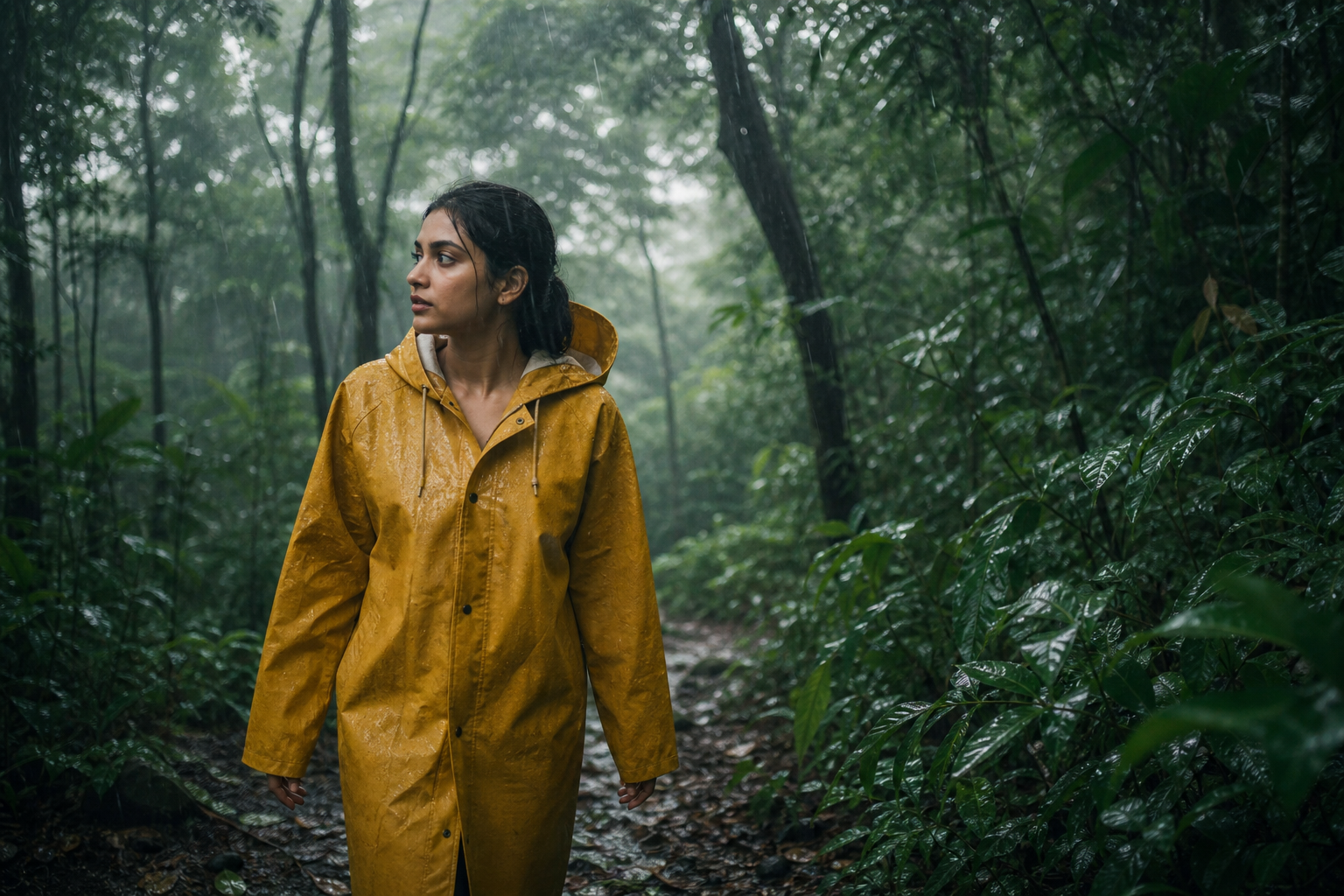 Ek vyakti barish mein ek biodegradable eco-friendly raincoat pehne huye jo paryavaran ko nuksan nahi pahuchata.