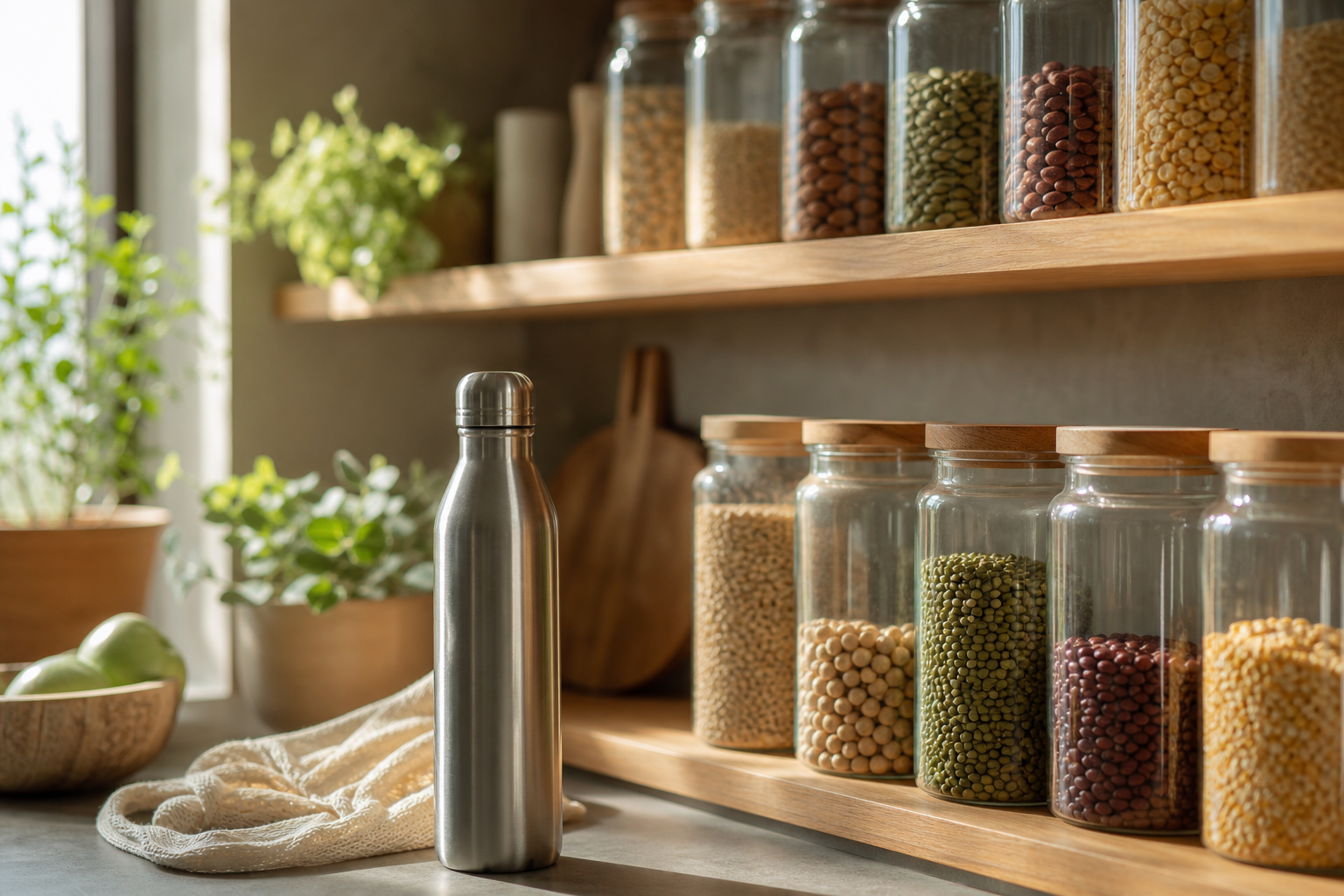 A sustainable kitchen shelf with bulk food in glass jars showing a Plastic-Free July Checklist lifestyle.