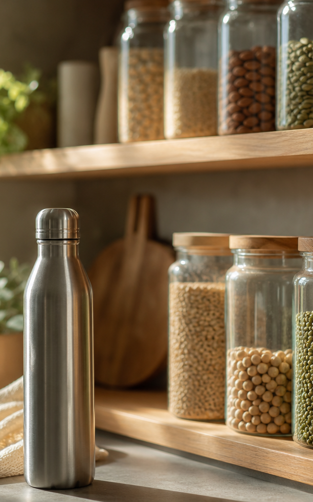 A sustainable kitchen shelf with bulk food in glass jars showing a Plastic-Free July Checklist lifestyle.