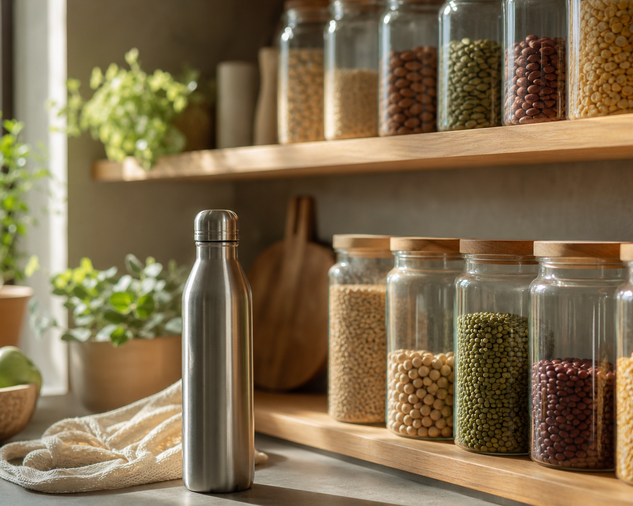 A sustainable kitchen shelf with bulk food in glass jars showing a Plastic-Free July Checklist lifestyle.