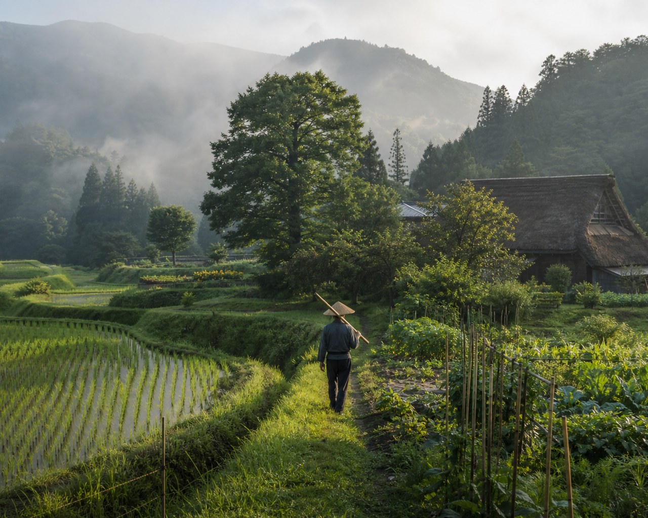 霧に包まれた美しい日本の里山と棚田の風景、地産地消ヴィーガンが守るべき持続可能な日本の原風景