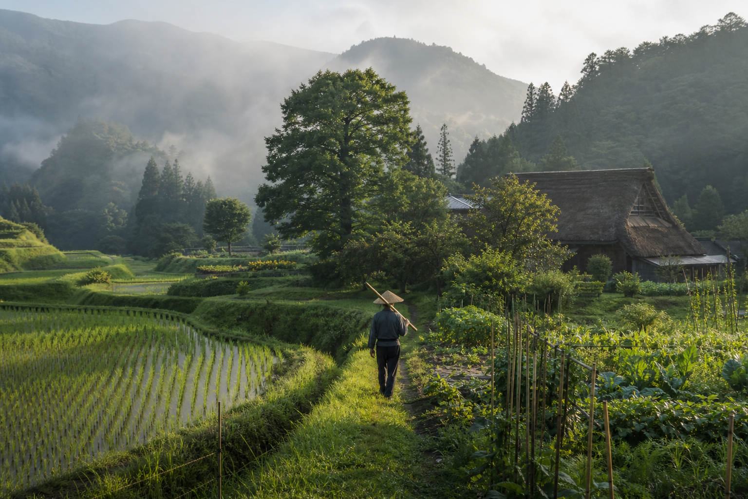 霧に包まれた美しい日本の里山と棚田の風景、地産地消ヴィーガンが守るべき持続可能な日本の原風景