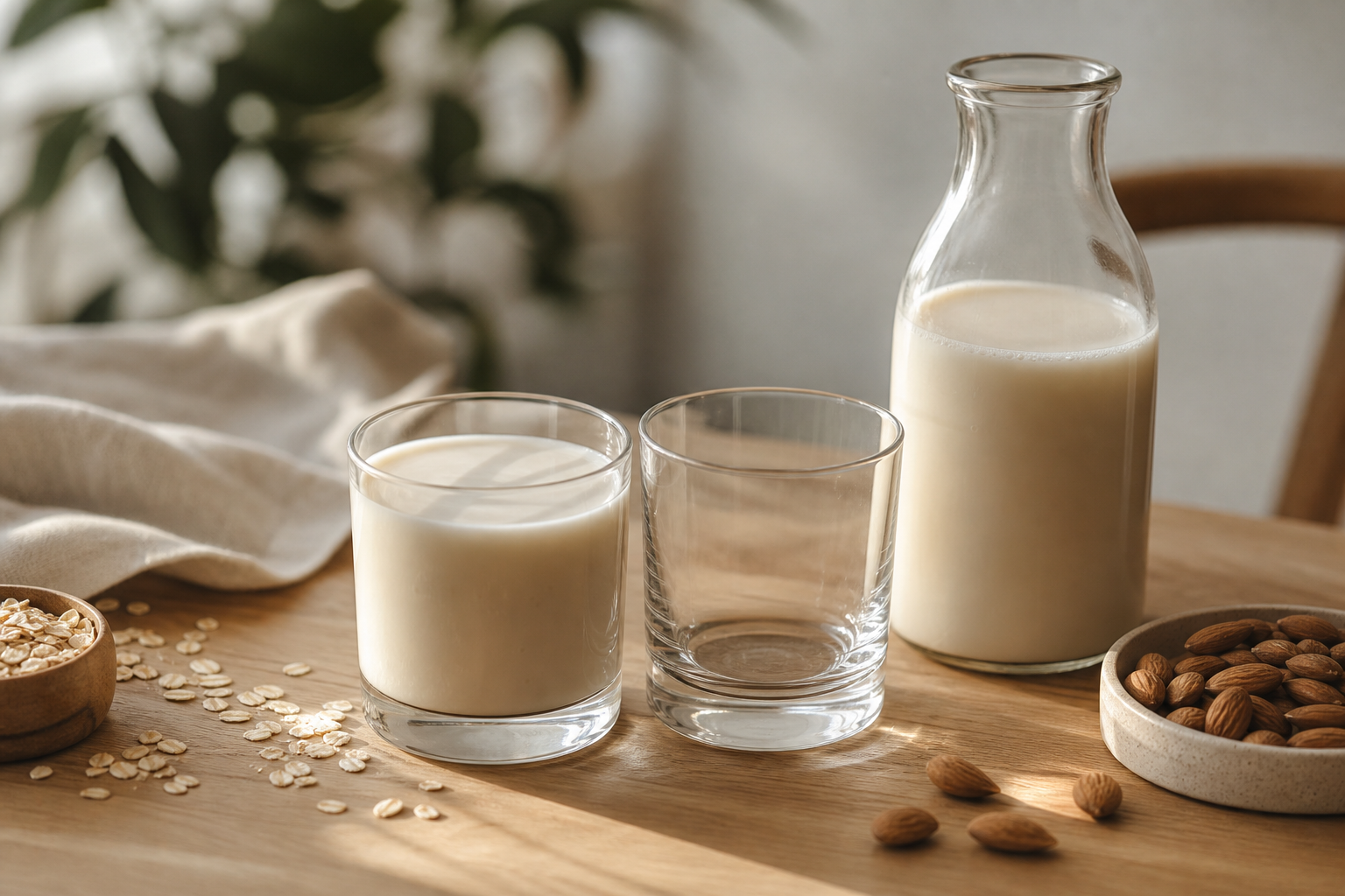 मेज पर रखे ताजा ओट और बादाम के दूध के गिलास, जो plant-based milk vs dairy milk के अंतर को दर्शाते हैं।