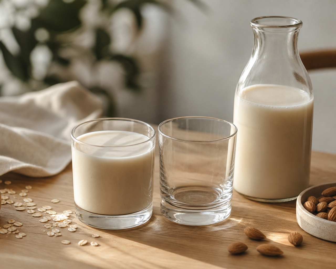 मेज पर रखे ताजा ओट और बादाम के दूध के गिलास, जो plant-based milk vs dairy milk के अंतर को दर्शाते हैं।