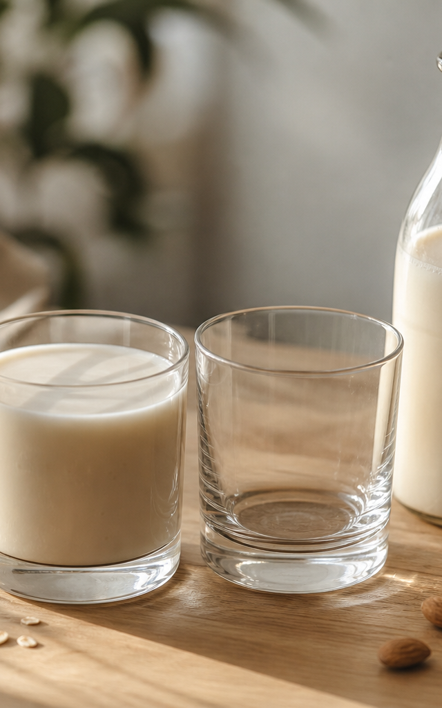 मेज पर रखे ताजा ओट और बादाम के दूध के गिलास, जो plant-based milk vs dairy milk के अंतर को दर्शाते हैं।